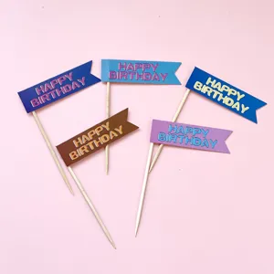 Set of 5 colorful flag cake toppers with wooden picks for birthday party cake decorations.