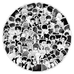 Close-up details of black and white anime character stickers, featuring diverse manga styles.