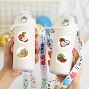 Portable plastic water bottle with cute fruit stickers and strap, perfect for daily use.