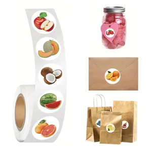 Roll sticker detail, close-up of fruit pattern round stickers and multi-scene application views.