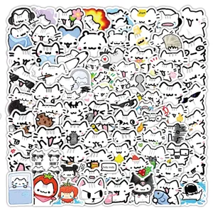 Cute white cat doodle stickers waterproof PVC vinyl decal pack for laptop skateboard water bottle