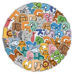 Close-up detail of cute cartoon animal alphabet stickers, perfect for DIY journaling and crafts.