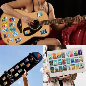 Vintage travel city landmark stickers pack, retro scenery aesthetic decal for laptop guitar.