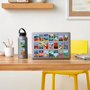 Vintage travel stickers set for laptop and water bottles, landmark scenery decals.