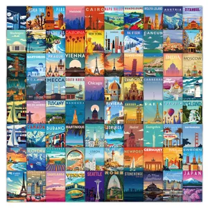 108Pcs Vintage Travel Poster Stickers Retro City Landmark Aesthetic Scrapbooking Decals Pack