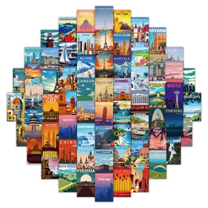 Vintage travel poster stickers set featuring world landmarks and city art. Perfect decor.