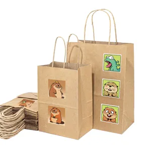 Kraft paper bags with cute cartoon beaver stickers, ideal for gift packaging and party favor use.