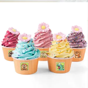 Colorful cartoon style cute animal decorated cupcakes set for party and room display.