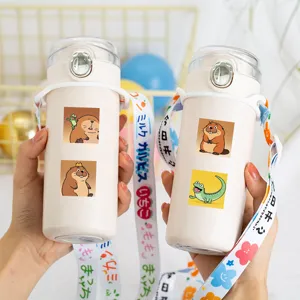Cute cartoon beaver water bottle with strap, portable plastic tumbler for kids and students daily use.