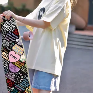 Graffiti design skateboard featuring edgy English text and vibrant street style art prints.