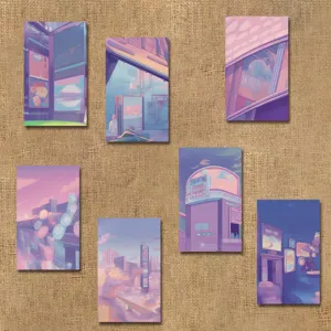 Roze esthetische anime landschap sticker set, decoratieve kunstprints voor notitieboekjes.