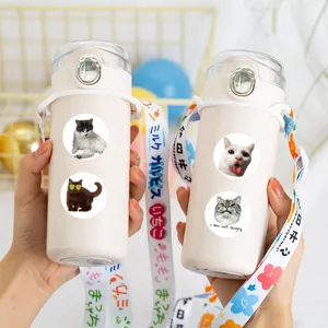 Cute cat sticker water bottle portable student couple plastic water cup with strap design