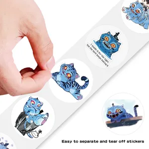 Roll of cute blue tiger cartoon stickers featuring fun character illustrations for journaling.
