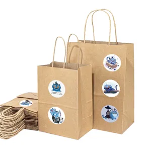 Kraft paper shopping bags with cute cartoon Derby tiger stickers, durable retail bags for gifts.