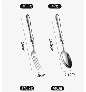 Edelstahl Gabel und Löffel Detailansicht mit präzisen Abmessungen und Gewichtangaben.