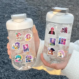 Detail shot of K-pop cartoon graffiti stickers applied on clear water bottles, durable decor.