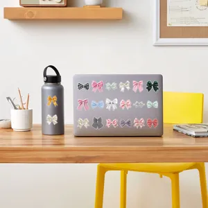 Cute bow stickers pack for laptop journal decoration, aesthetic candy color waterproof decals.