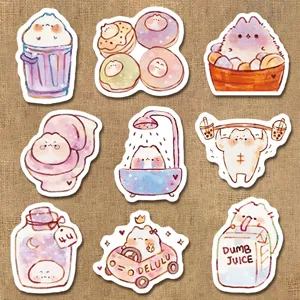 Set di adesivi carini con animali e cibo in stile acquerello, decorazione per diario.