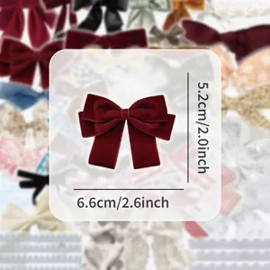 Close-up detail view of burgundy velvet bow sticker with precise size dimensions.