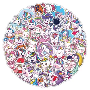 Close-up detail view of cute unicorn stickers featuring various cartoon designs for kids.