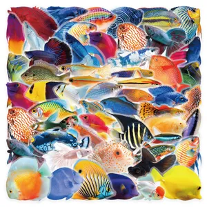 Colorful fish PET stickers detail showing vibrant tropical species for decoration purposes.