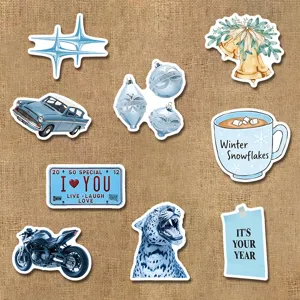 Blauwe esthetische sticker set detail, waterdichte vinyl stickers voor laptop en koffer.
