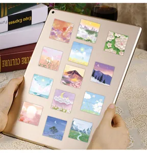 Detail view of healing nature landscape stickers, oil painting style decorative phone case decals