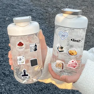 Clear plastic water bottle with scale marks and cute aesthetic stickers for daily use.