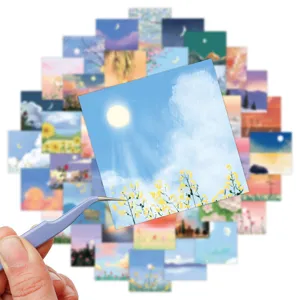 Healing nature landscape stickers, oil painting style mini square art cards for DIY decor.