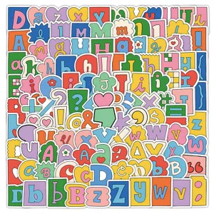 Close-up detail of colorful cartoon alphabet stickers, cute retro typography for DIY decor.