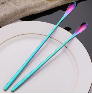 Long handle stainless steel mixing spoon rainbow color for coffee dessert bar detail view