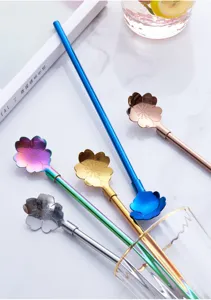 Cuillère paille en acier inoxydable fleur de cerisier long manche mélangeur boissons