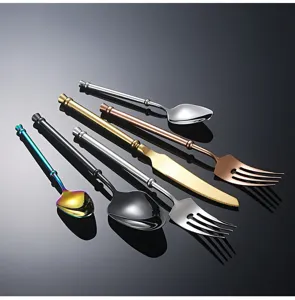 Stainless steel cutlery detail, long handle spoon fork knife set, multi-color kitchen tableware.