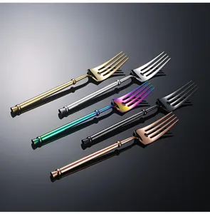 Stainless steel western dining fork set featuring five colorful metallic finishes for fine table setup.