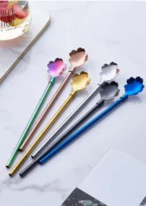 Cuillères à paille en acier inoxydable créatives design fleur de cerisier, long agitateur.