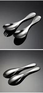 Stainless steel children spoon and fork set, 304 grade mirror polished detail view.