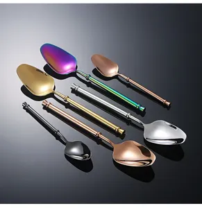 Colorful stainless steel dessert spoons set, elegant long handle cutlery for dining table.