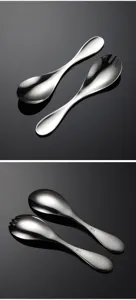 Stainless steel baby spoon close-up, food grade material details, smooth polished cutlery edge.