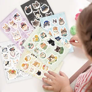 Cute cartoon cat head decorative stickers detail view, perfect for journaling, phone and laptop.