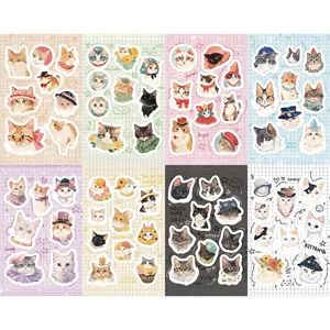 Cute cartoon cat stickers 8 sheets set decorative decals for phone case journal DIY crafts
