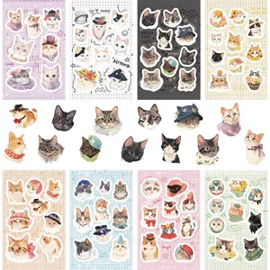 Cute cartoon cat decorative stickers set for phone, notebook and journal DIY crafts detail.