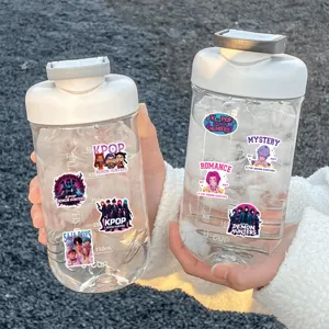 Detailed shot of waterproof KPOP demon hunters graffiti stickers on clear water bottles.