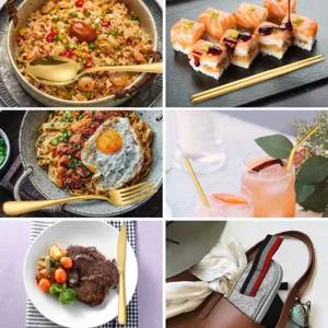 Portable 7-piece gold cutlery set including knife fork spoon chopsticks straw and pouch.