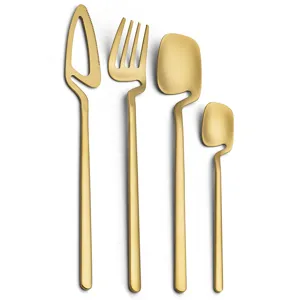 Gold stainless steel minimalist cutlery set featuring unique asymmetrical design, modern dining.