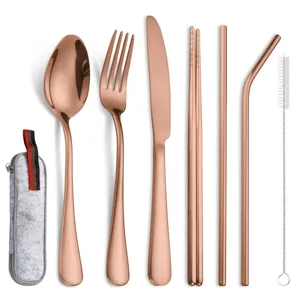 Portable 7-piece rose gold stainless steel cutlery set with fork, spoon, knife, straws and case
