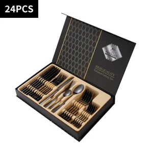 24-piece stainless steel cutlery set in a luxury gift box with knives, forks and spoons.