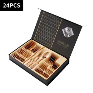 24pcs rose gold stainless steel cutlery set luxury flatware knife fork spoon gift box