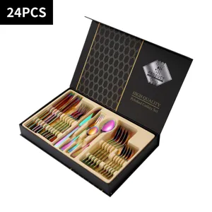 24-piece rainbow stainless steel cutlery set in gift box, premium kitchen flatware.