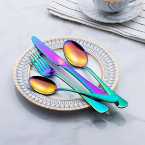 Rainbow stainless steel flatware set detail showing knife, fork, and spoons on decorative plate.