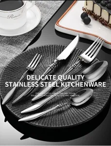 Stainless steel cutlery set French luxury style knife fork spoon kitchen tableware detail.